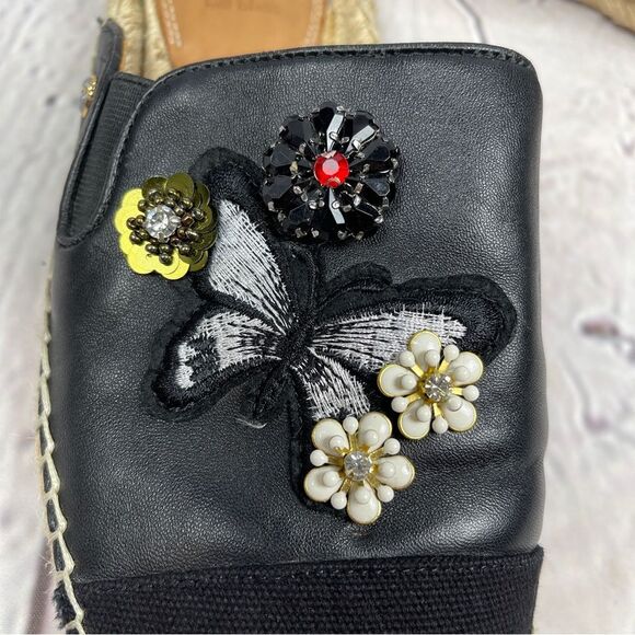 BILL BLASS Wallis black floral & butterfly embellished espadrille mules, size 9 - Picture 3 of 13